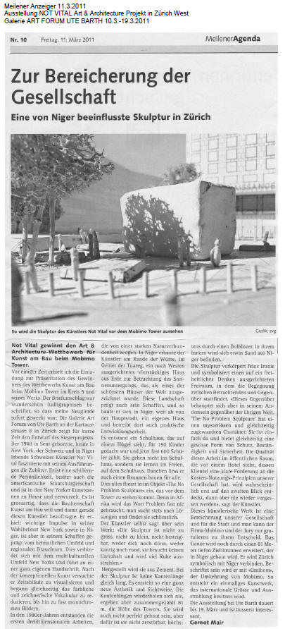 Artikel im Meilener Anzeiger zur Ausstellung NOT VITAL - Zürich West @ Art Forum Ute Barth 2011