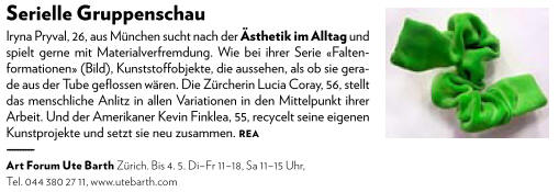 Schweizer Illustrierte 15. April 2013 DIE BESTEN mit Lucia Coray, Iryna Pryval und Kevin Finklea in der Galerie Ute Barth Zurich
